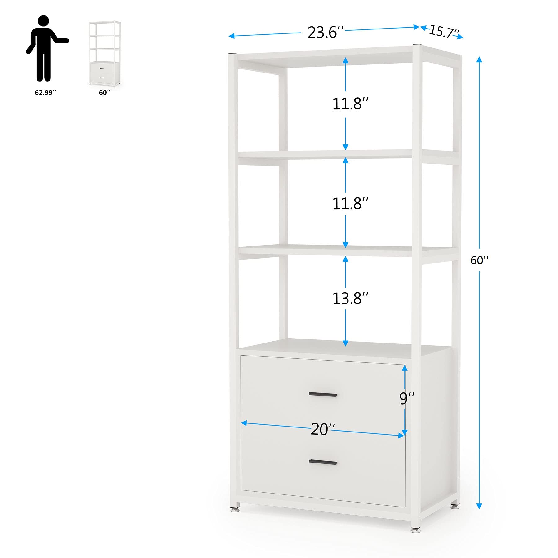 , 4-Tier White Bookshelf with 2 Drawers, Etagere Standard Book Shelves Display Shelf for Home Office (White)