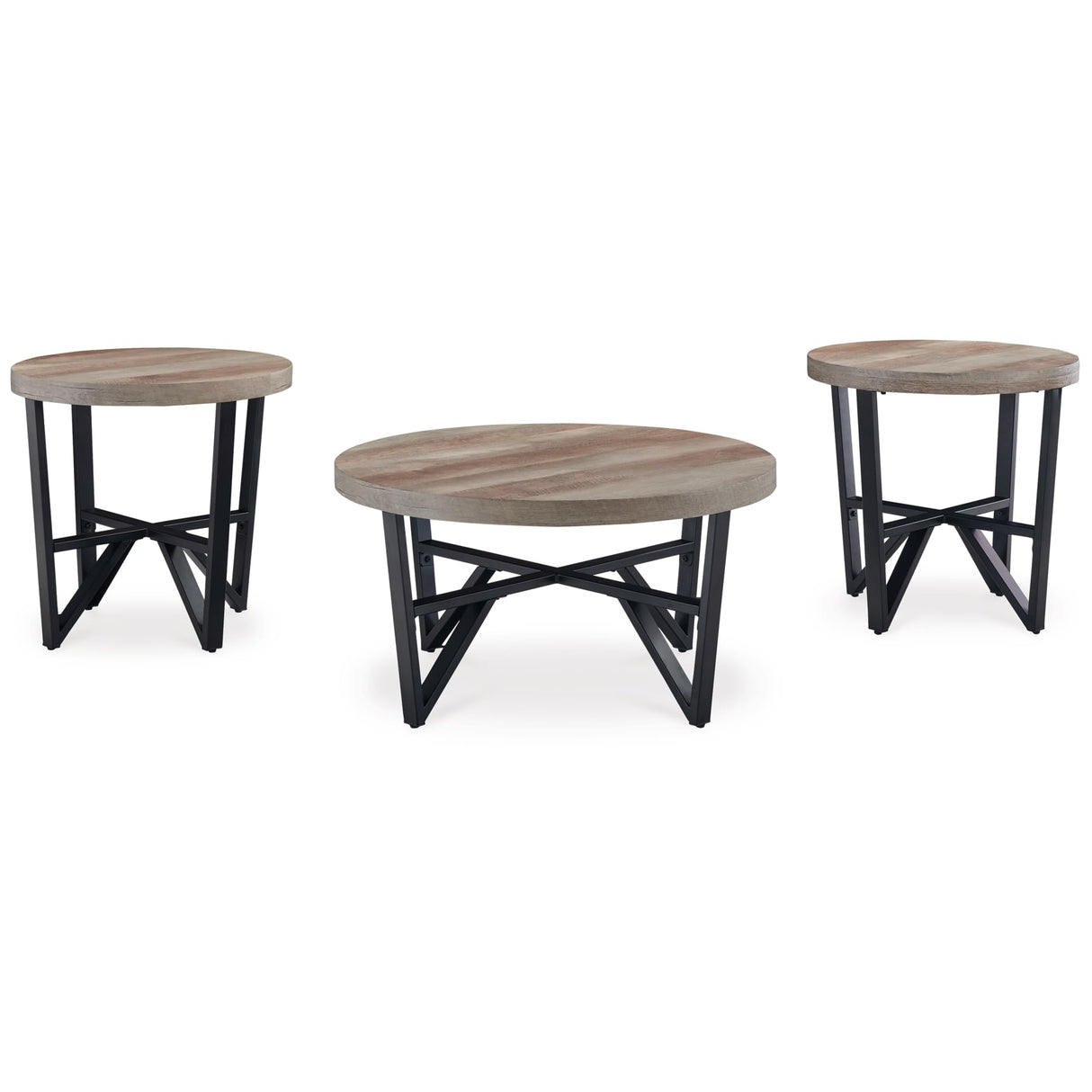 Deanlee Contemporary Table Set with Metal Frame, Set of 3, Light Brown & Black