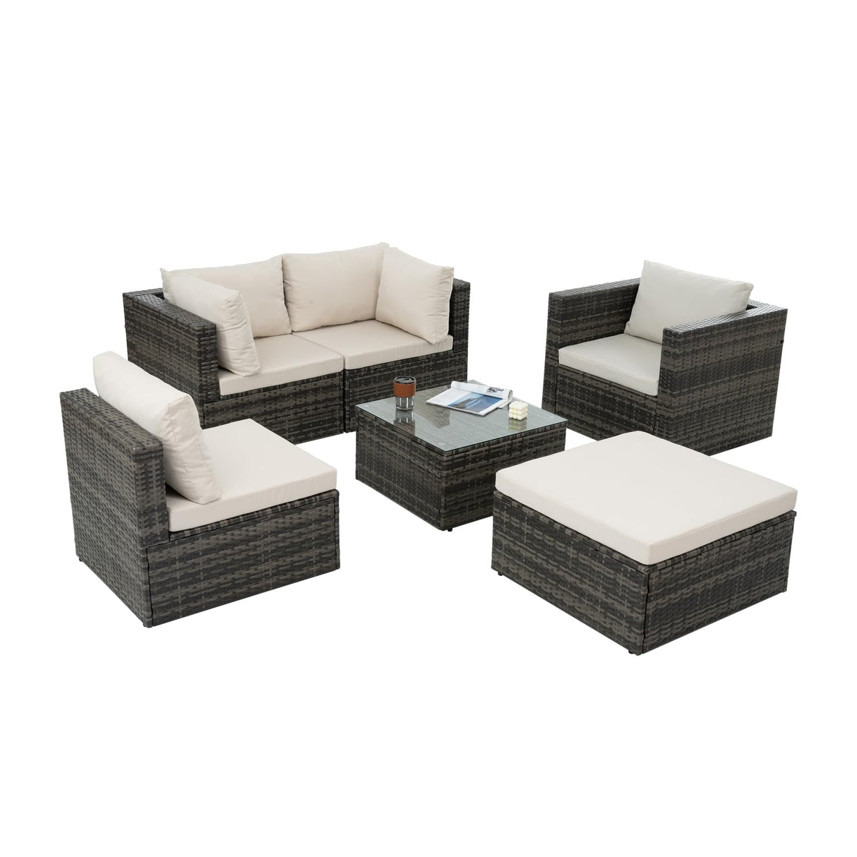 Patio Furniture Set: Outdoor Wicker Lounge Chairs - 6 Pieces with Tempered Glass Coffee