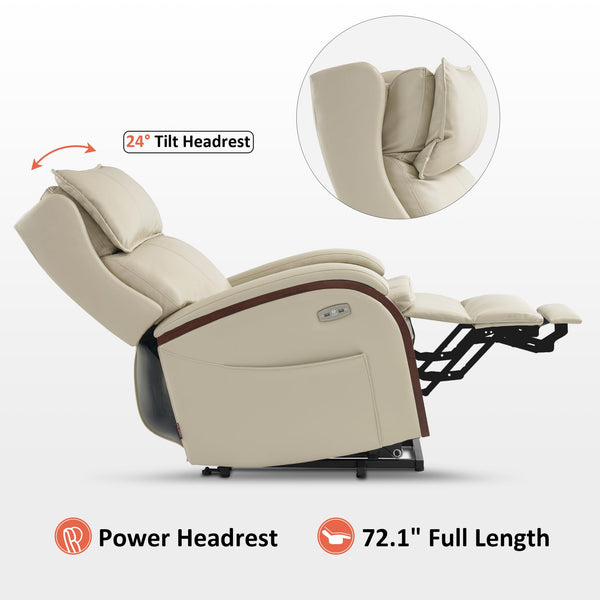 MCombo Power Lift Recliner Chair Sofa with Massage and Heat, Adjustable Headrest for Elderly People, Solid Wood Armrest, USB Ports, Side Pockets, Faux Leather 7917 (Cream White, Medium)