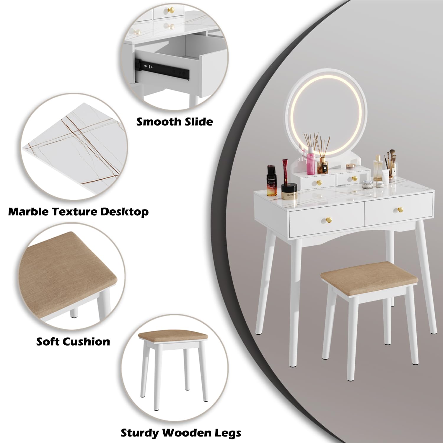 Vanity Desk with Round Mirror and Lights, Vanity Table Makeup Desk 4 Storage Drawers 3 Adjustable Colors LED Lights Matched Soft Cushioned Stool for Girls Bedroom (White) …