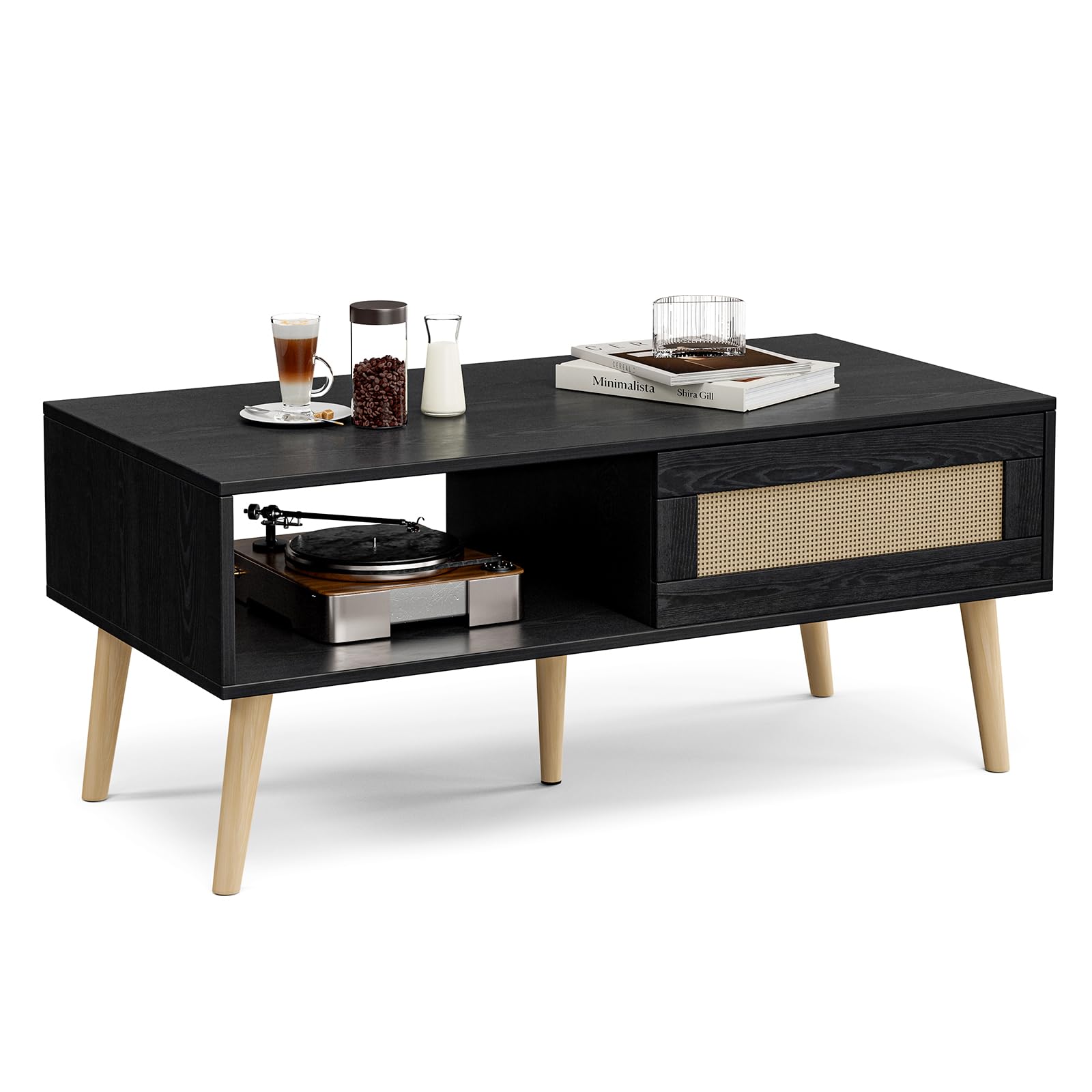 Coffee Table with Storage, Boho Dining Table with Sliding Rattan Door Panel