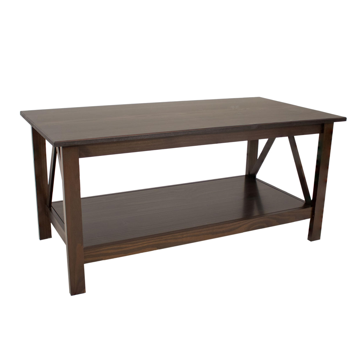 Dark Wood Coffee Table with Storage Shelf - Indoor Solid Pine Wood Center Table