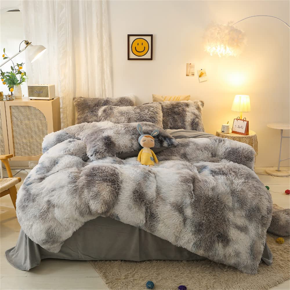 Faux Fur Tie-Dyed Black White Gray Colorful Comforter Cover Duvet Cover Queen