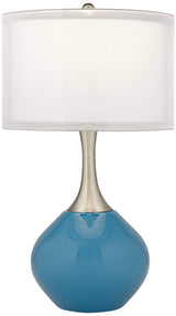 Modern Table Lamp 30.5" Tall Brushed Nickel Silver Metal Swift Blue Glass