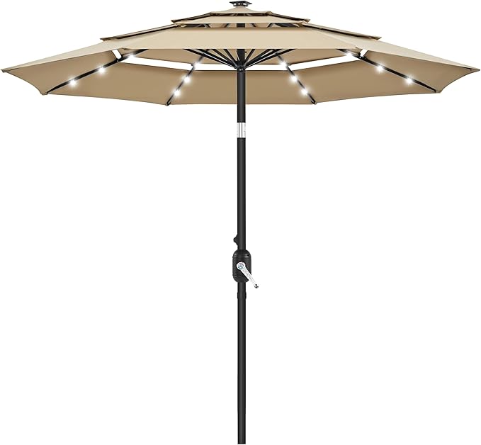 10ft 3-Tier Vented Solar Patio Umbrella, Table Outdoor Market Umbrella with 24 LED Lights