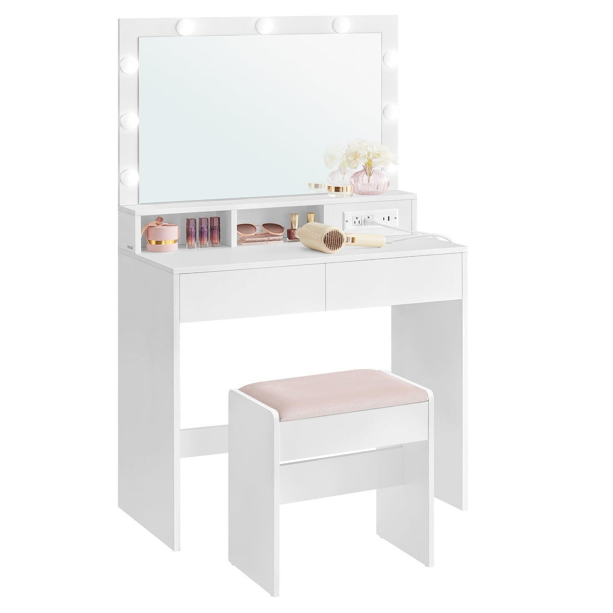 Vanity Desk with Power Outlets, Makeup Vanity with Mirror and Lights, with Upholstered