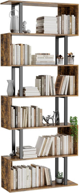 6 Tier Geometric Bookcase,S Shaped Bookshelf, Wood Decorative Storage Shelving, Modern Freestanding Display Shelves, Tall Book Shelf Unit for Living Room Bedroom, White