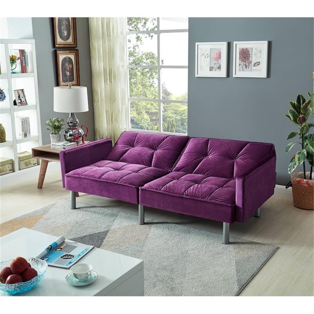 75.6" Convertible Modern Wood & Velvet Fabric Sofa Bed in Purple
