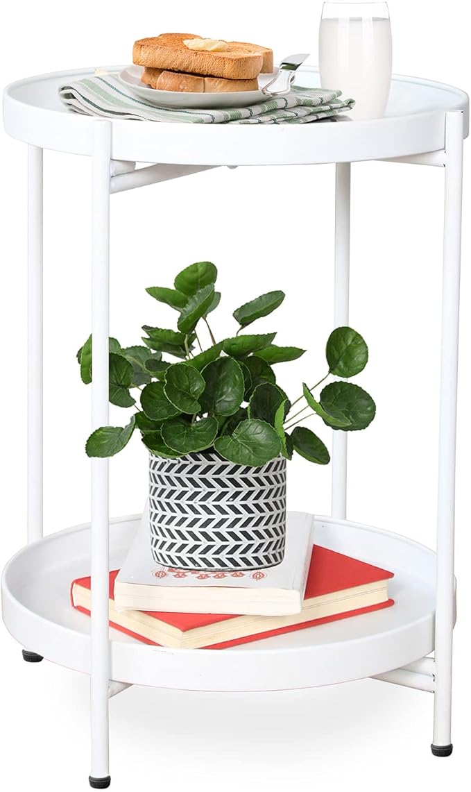 Gold Folding End Table 2-Tier Metal Round Side Table with Removable Tray for Living