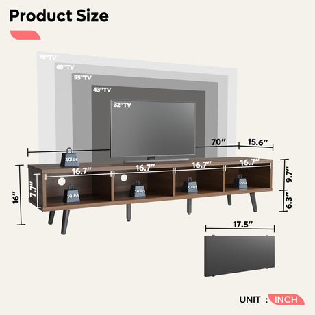 Bestier 70 inch Mid Century Modern TV Stand for 75 inch TV, Low Profile TV Stand with Storage, Entertainment Center for Living Room, Cord Management, Walnut