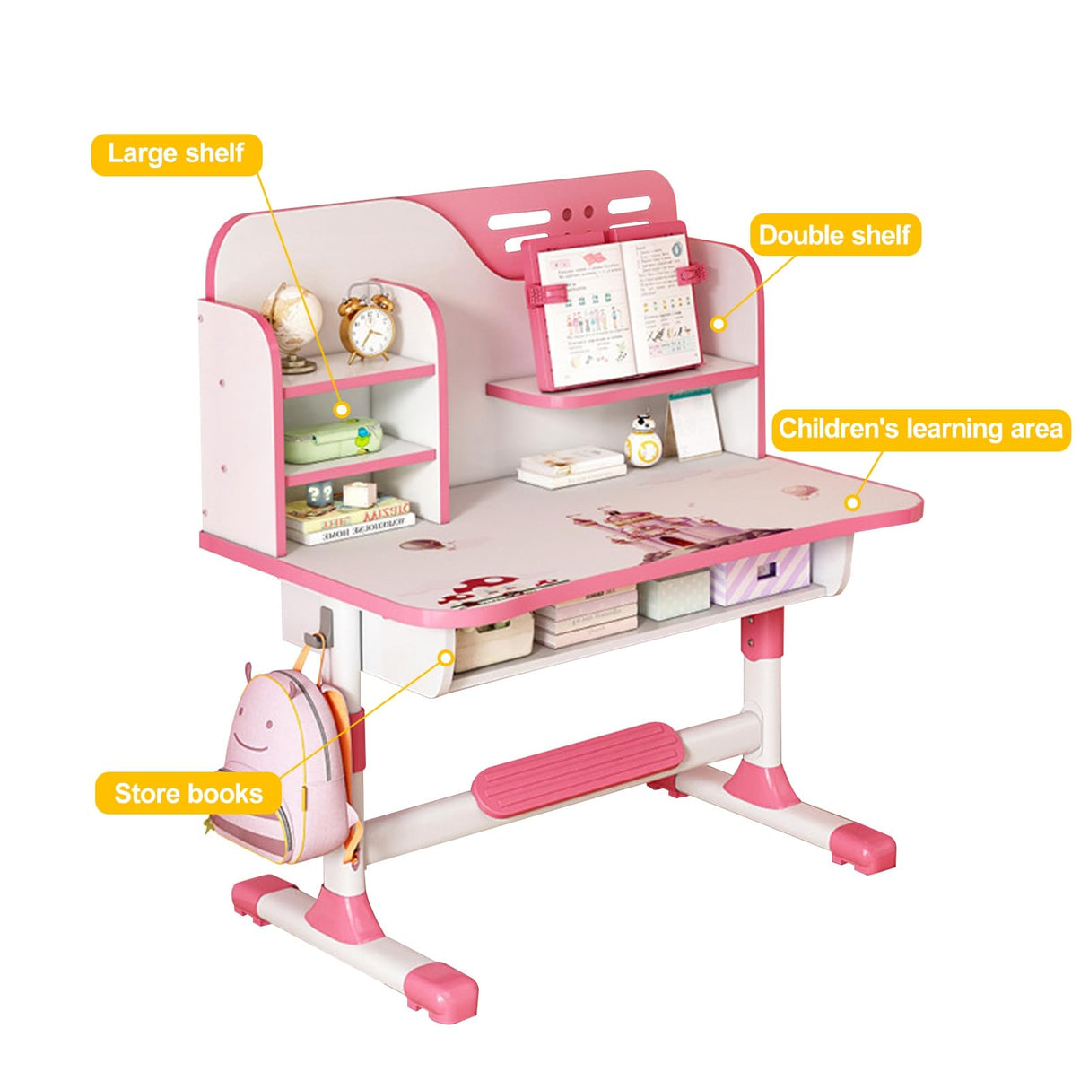 and Chair Set, Height Adjustable Children's Desk and Chair Set Ergonomic School Study Table Chair 80cm Desktop Students Desk Chair with Writing Board, Bookshelf and Drawer Pink