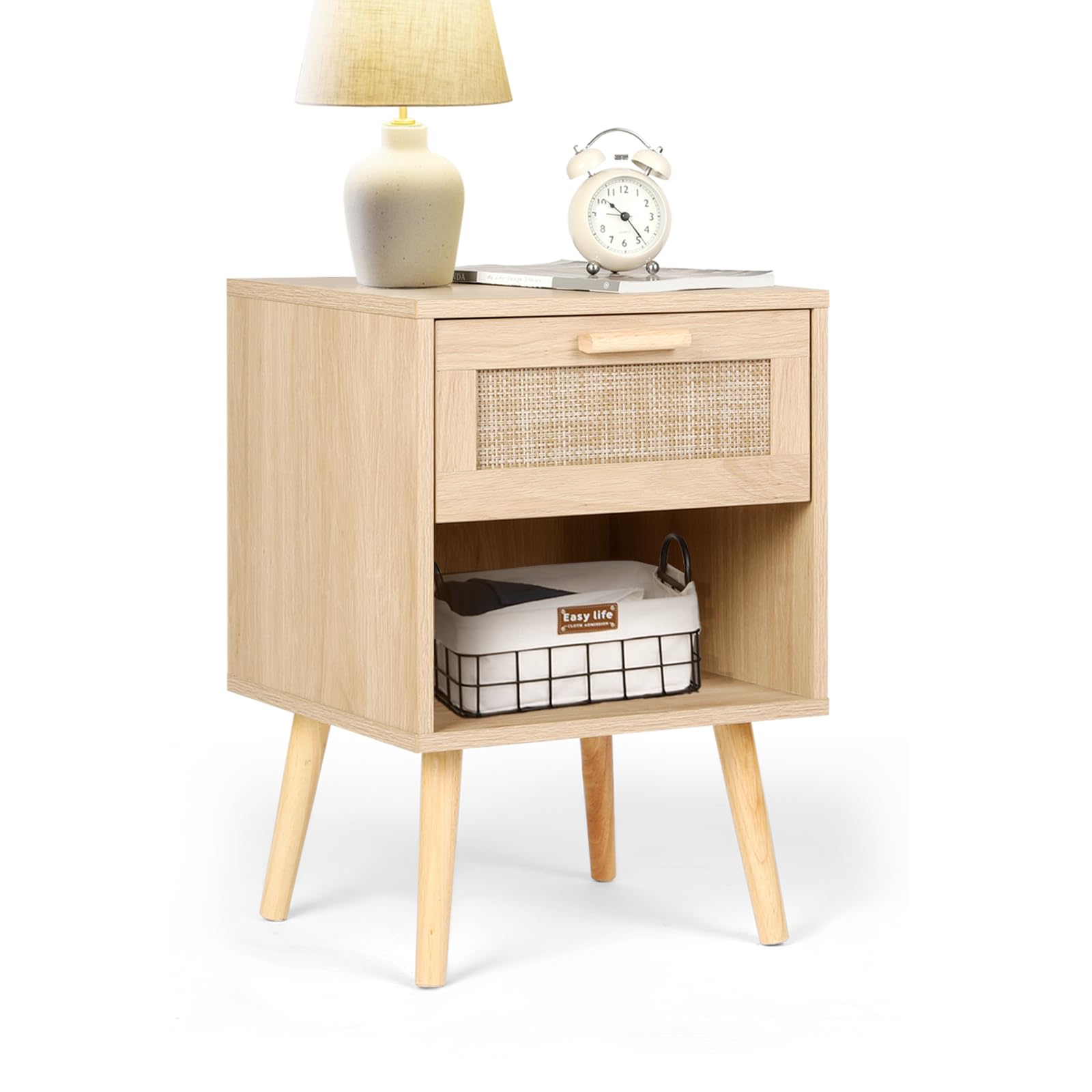 Rattan Nightstand, Night Stands with Hand Made Rattan Decorated Drawer, End Table