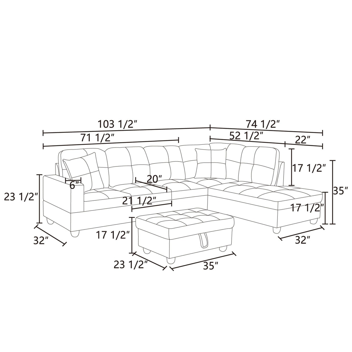 103 in Modern Sectional Sofa Set with Storage Ottoman