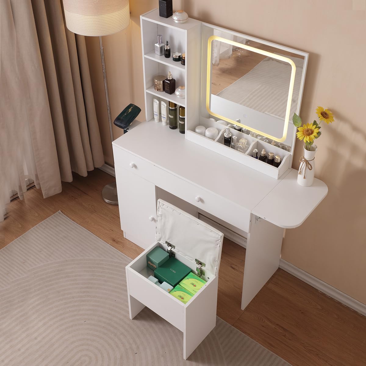 Vanity Desk with Lighted Mirror & Power Outlet, Makeup Vanity Desk with Drawers