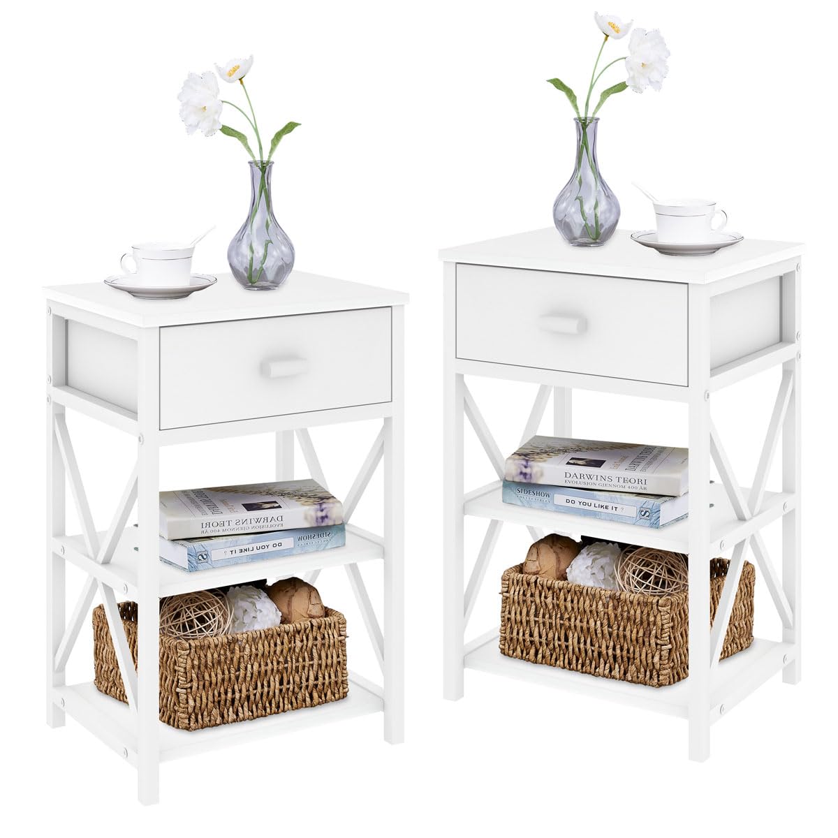 Modern White Nightstand, Narrow Small Night Stand