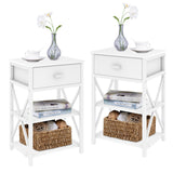 Modern White Nightstand, Narrow Small Night Stand Set 2 with Drawer, Skinny Cute Wood Metal Side Table