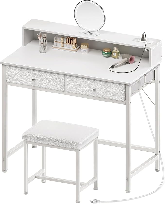 Vanity Desk Without Mirror, Makeup Vanity with Drawers and Charging Station