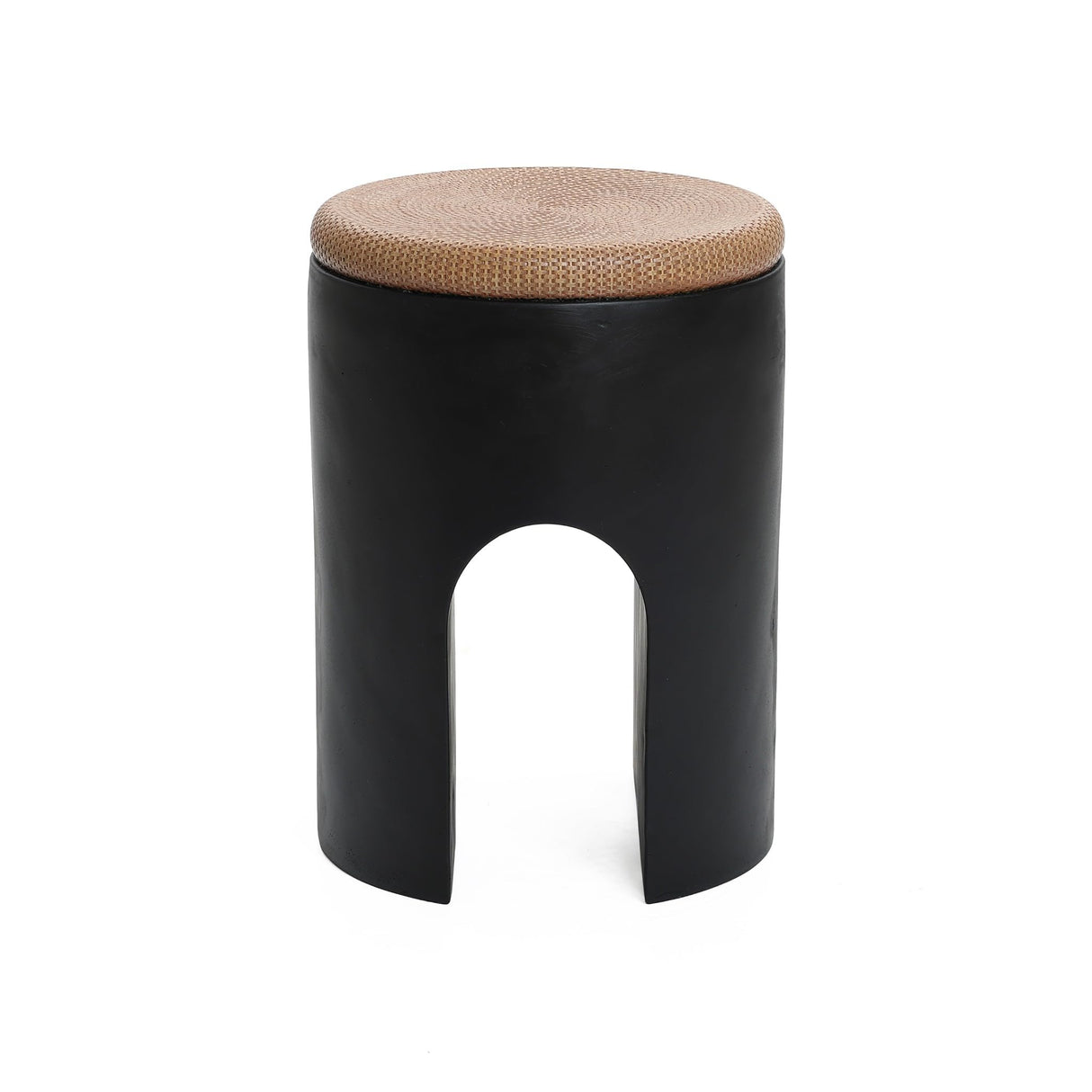 LuxenHome Outdoor Accent Side Table, 18'' Black with Natural Rattan Finish Cement Patio End Table, U - Shaped Base Garden Stool for Patio Backyard, Outdoor Furniture for Lawn Balcony Porch - Bircata