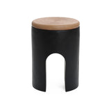 LuxenHome Outdoor Accent Side Table, 18'' Black with Natural Rattan Finish Cement Patio End Table, U - Shaped Base Garden Stool for Patio Backyard, Outdoor Furniture for Lawn Balcony Porch - Bircata