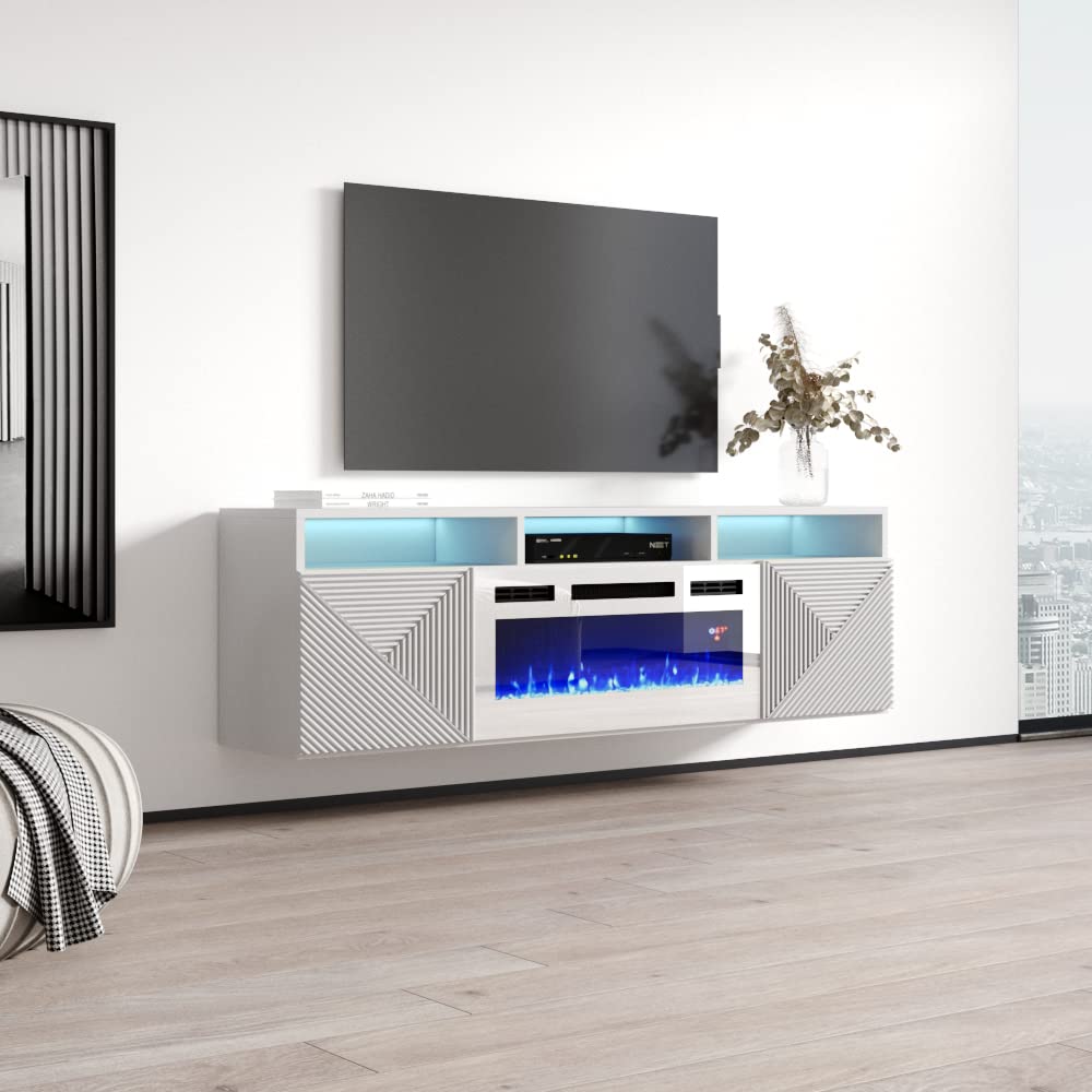 Giza WH-EF Floating Fireplace TV Stand for TVs up to 70", Modern High Gloss