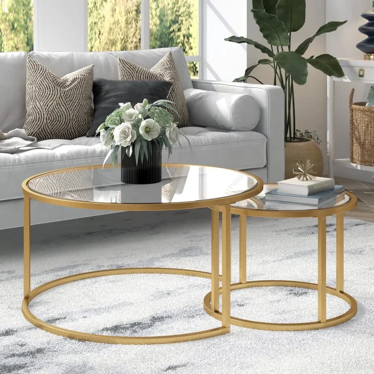 Round Nesting Coffee Table Gold Set of 2 for Living Room, Modern Side Tables