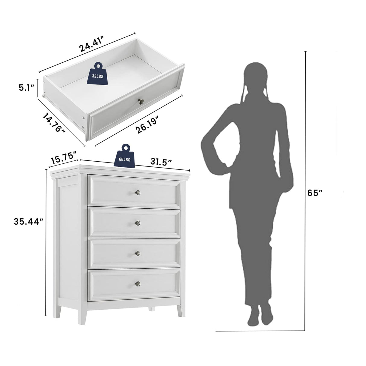 White Dresser for Bedroom, 4 Chest of Drawers, Wooden Dressers Tall Nightstand