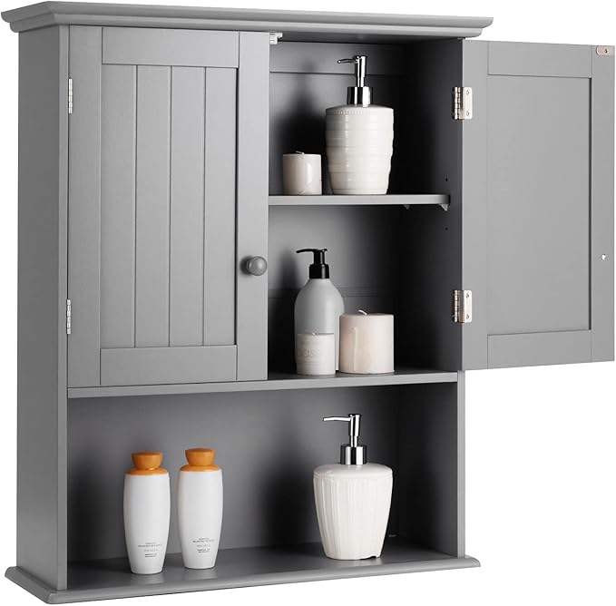 Wall Mounted Bathroom Cabinet, Over The Toilet Storage Cabinet w/Double Doors & Adjustable Shelf,