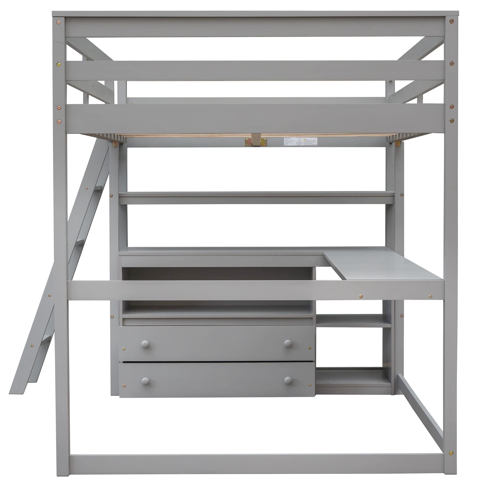 Full Size Loft Bed with Desk Wood Loft Bed Frame with Shelves, and 2 Built-in Drawers