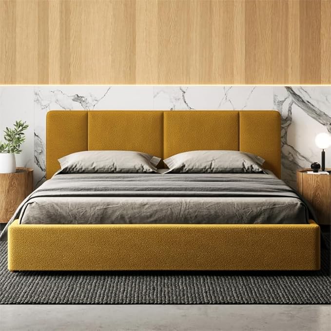 Venice Upholstered Platform Bed | Box Spring Not Required | (Grey Boucle, King Bed