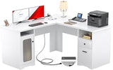 L Shaped Office Desk with Drawer, 60 Inch Computer Desk with Power