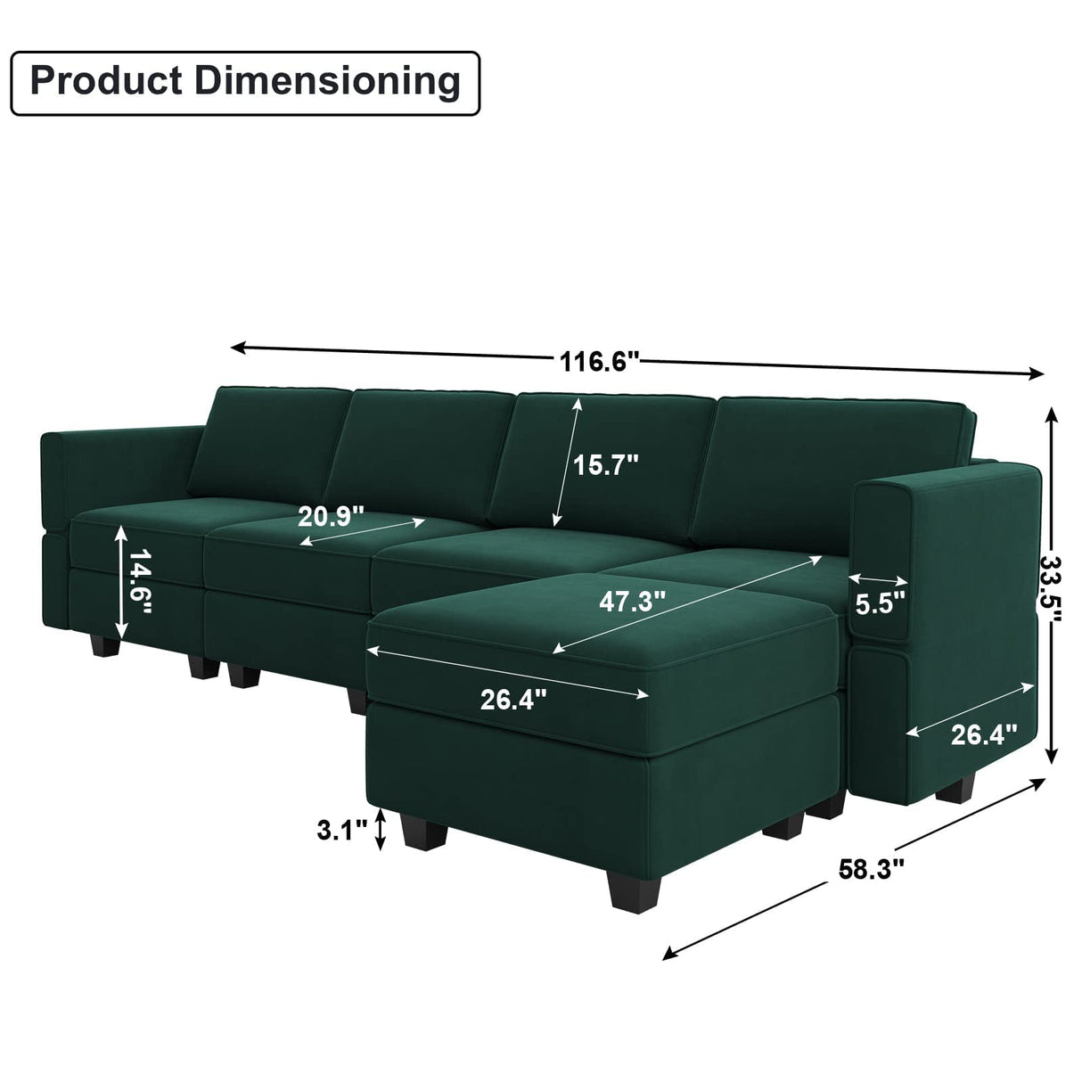 Belffin Modular Sectional Sofa Couch with Reversible Chaise - Velvet L Shaped Couch with Storage, 4-seat Convertible Green.…
