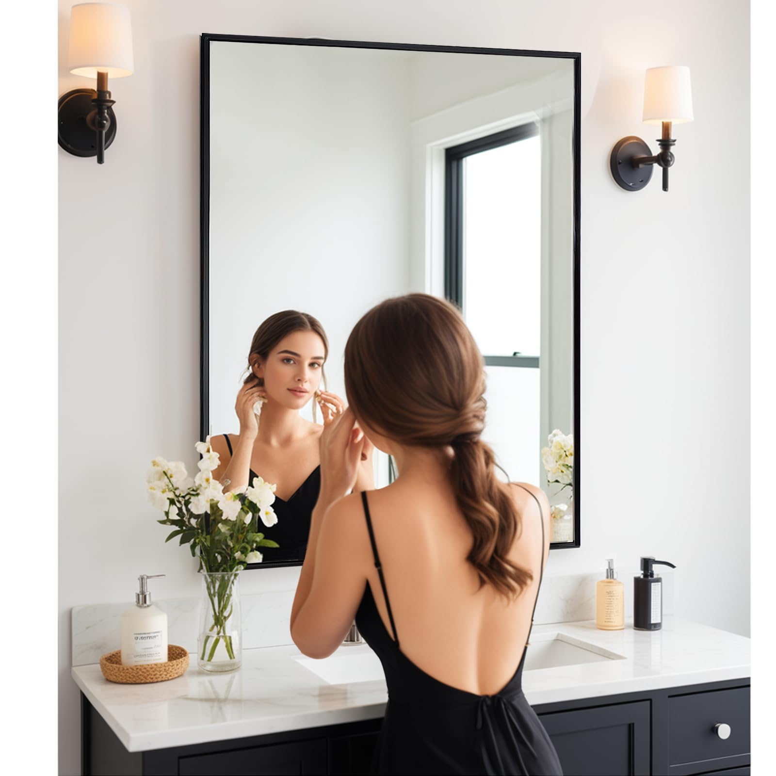 Bathroom Mirror, Black Frame Mirror , Rectangle Wall Mounted Mirror