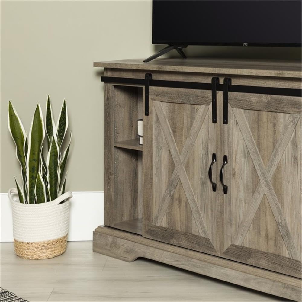 Farmhouse Wood Corner TV Stand for TVs up to 52" with Sliding Barn Doors, 3 Adjustable