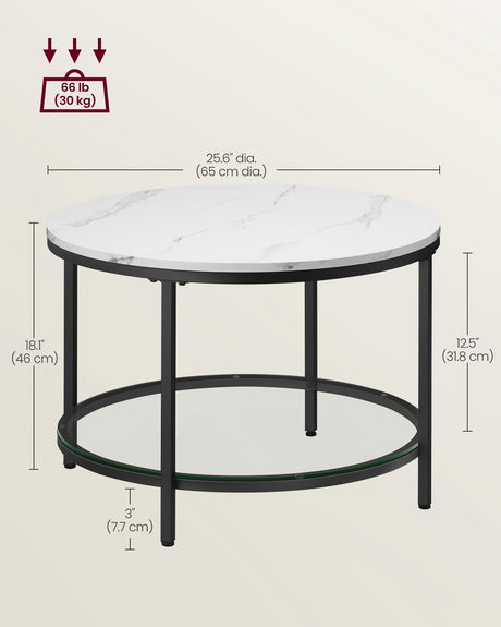 Round Coffee Table, Small Coffee Table with Faux Marble Top and Glass Storage Shelf,