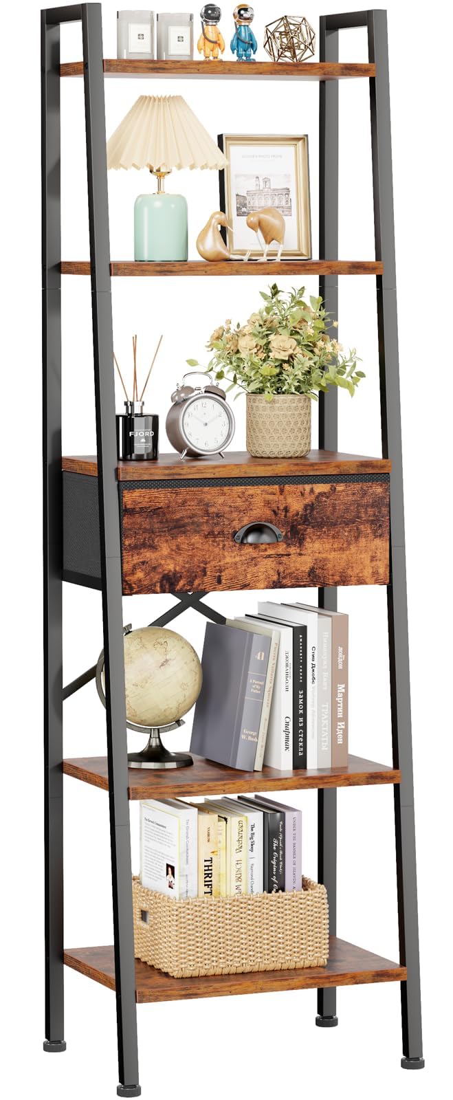 5 Tier Ladder Shelf with Drawer, Tall Bookshelf Storage Shelves, Bookcase Standing Shelf