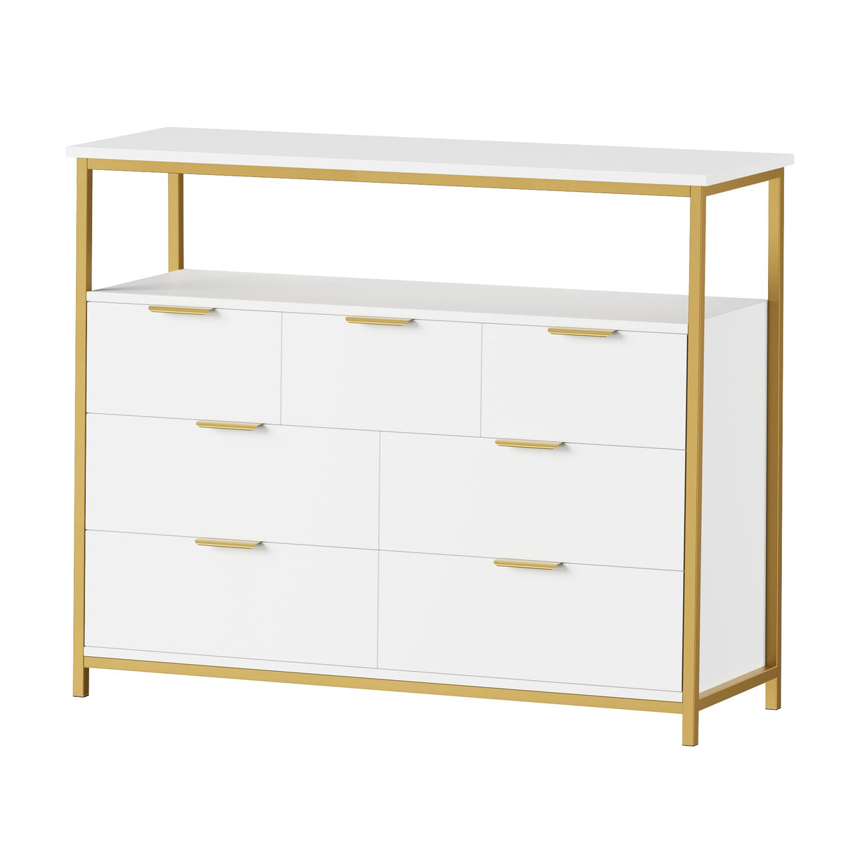 Modern 7 Drawer Dresser, White Dresser with Metal Handles, White and Gold Dresser