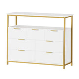 Modern 7 Drawer Dresser, White Dresser with Metal Handles, White and Gold Dresser