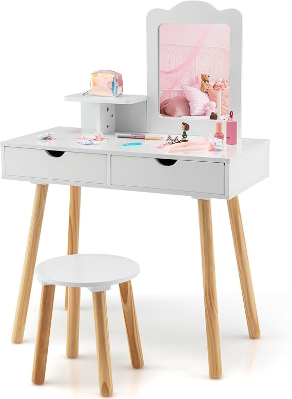 Kids Vanity with Stool, 2-in-1 Toddler Vanity w/Storage Drawers & Open Shelf