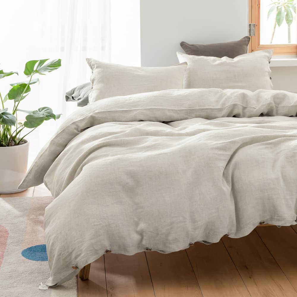 100% Linen Duvet Cover Set, 3 Pieces Belgian Flax Breathable Bedding, 1 Comforter
