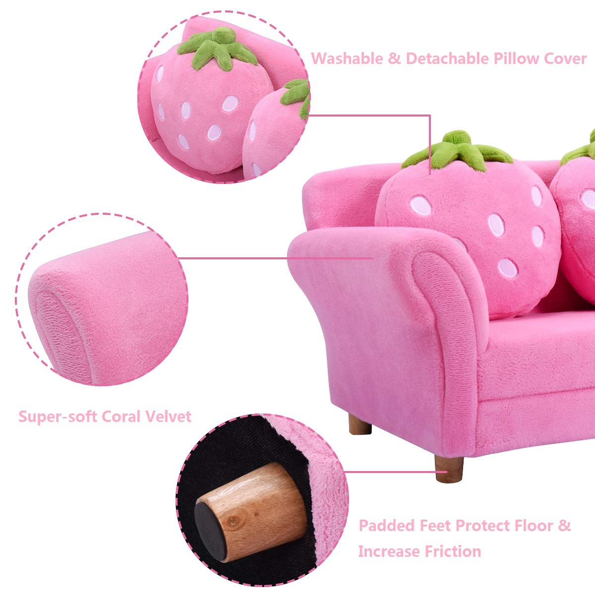 Double Seat Pink Children's Sofa with 2 Strawberry Pillows, Toddler Armrest Chair for Bedroom, Living Room, Large Soft for Kids Loveseat Toy for Baby Girls Preschool Gifts Presents