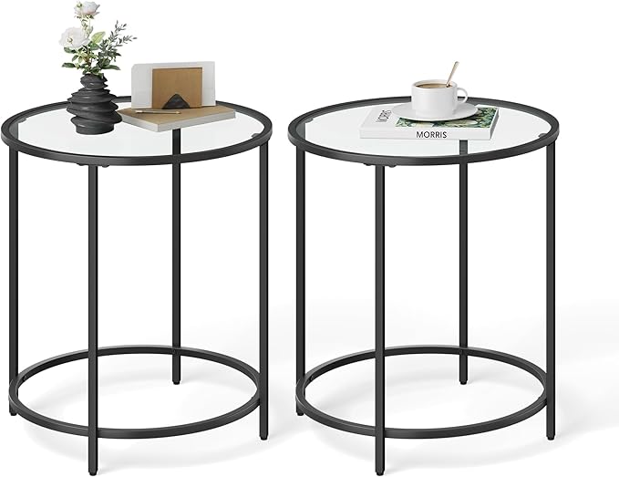 Round Side Tables, Set of 2, Glass End Tables with Metal Frame, Gold Coffee Tables