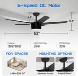 52 Inch Smart Ceiling Fan, DC Reversible Motor Noiseless Timing 3CCT Dimmable, Black