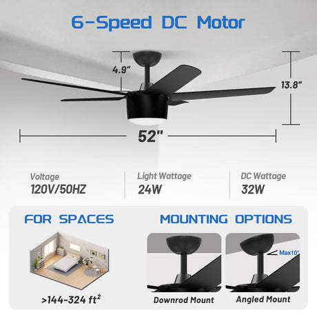 52 Inch Smart Ceiling Fan, DC Reversible Motor Noiseless Timing 3CCT Dimmable, Black