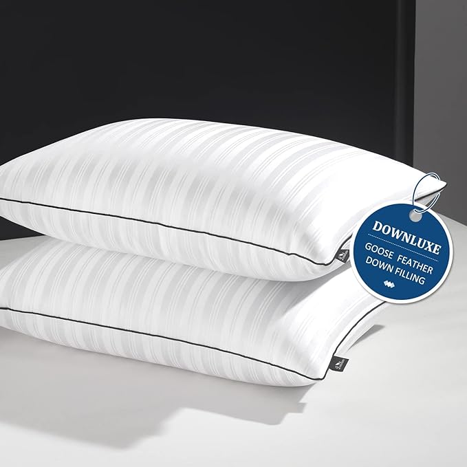 Goose Down Pillows - Hotel Collection Feather Pillows Set of 2 for Back, Stomach or Side