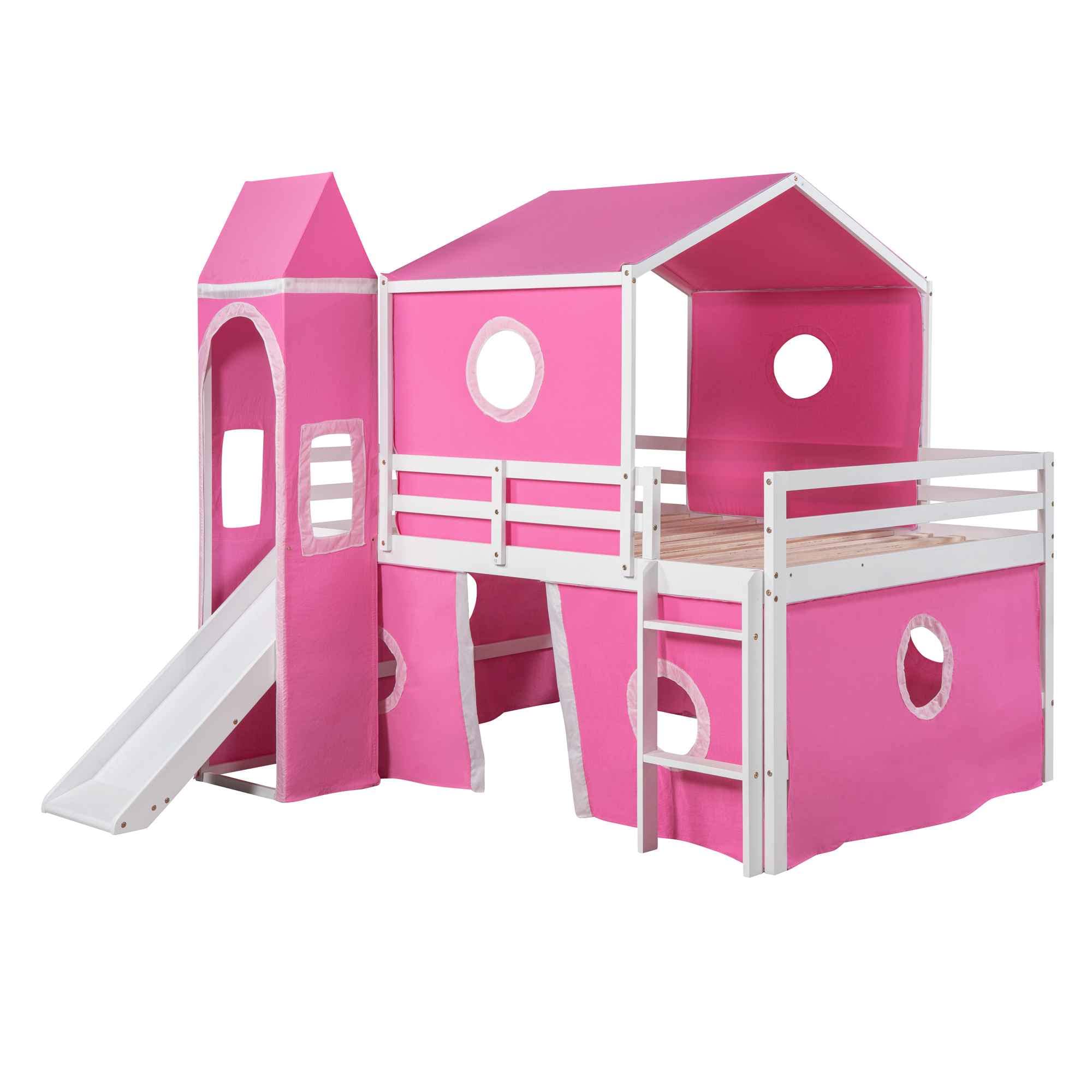 Full Size Bunk Bed with Slide and Tent, House Shaped Loft Bedframe w/Curtains
