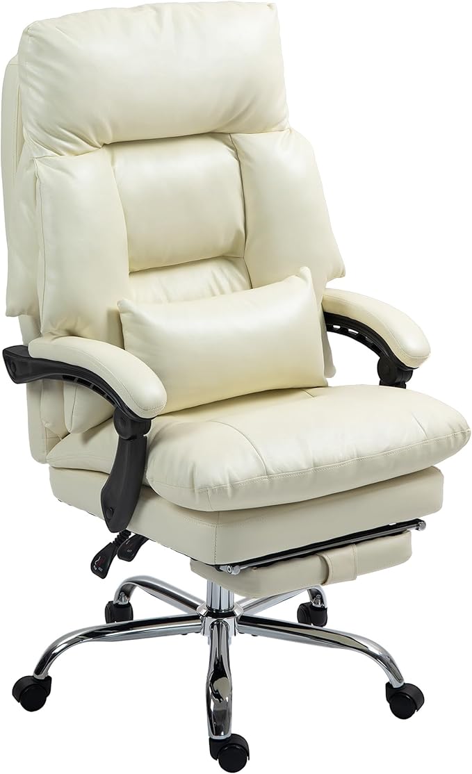 Overstuffed Executive Office Chair, High Back Desk Chair with Swivel Wheels, Foot Rest, Thick Padded, Reclining PU Leather Computer Chair, Black