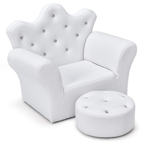 Sofa, Children Upholstered Sofa with Ottoman, Princess Sofa with Diamond Decoration, Smooth PVC Leather Toddler Chair, Kids Couch for Boys and Girls, Gift for Toddlers (White)