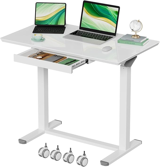 Glass Standing Desk with Drawers,35inch Small Mobile Laptop Desk, Height Adjustable