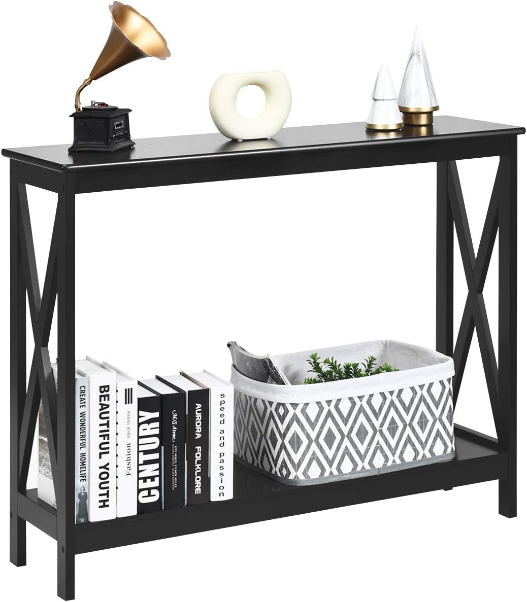 Console Table with Storage Shelf, Narrow Accent Table X Form Frame, 2-Tier Sofa Side Table